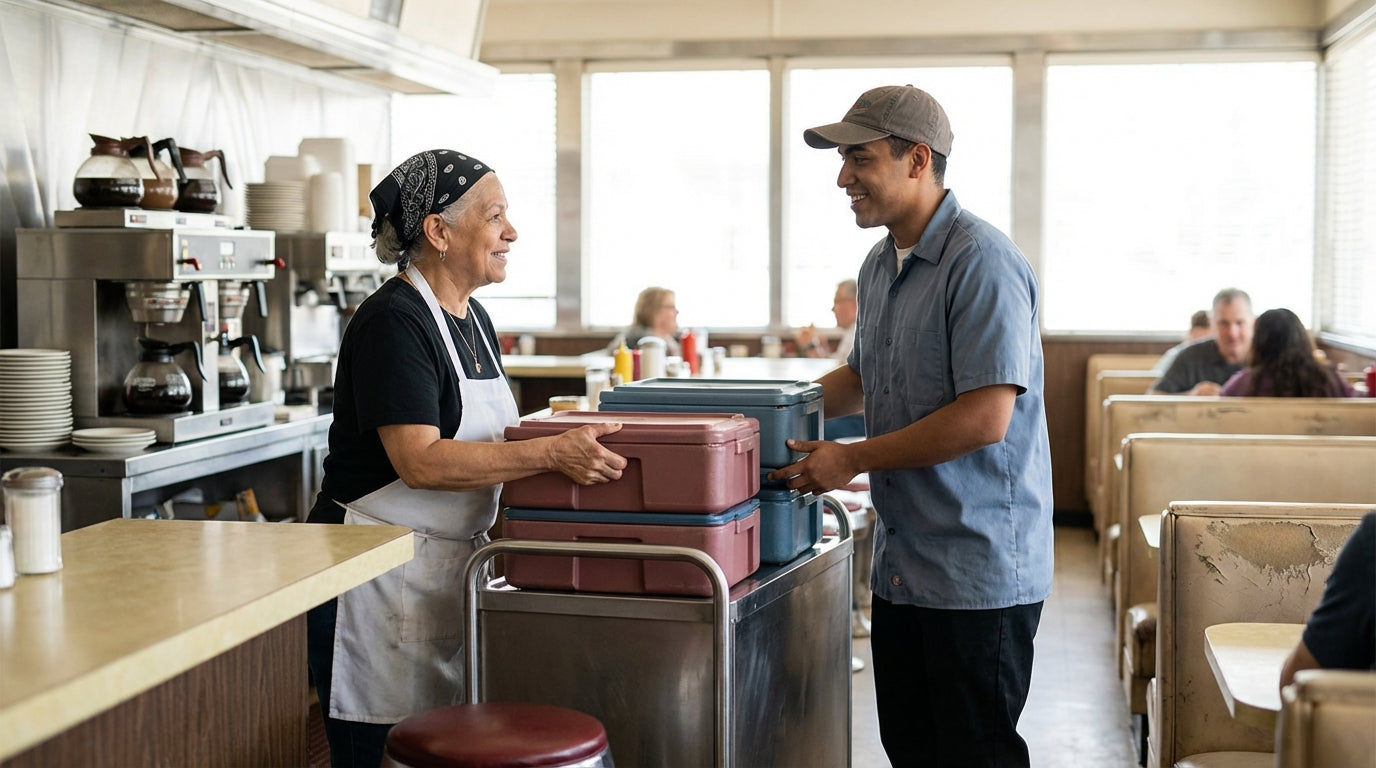 Cafeteria worker handing meal trays to customer at diner counter, food service teamwork in restaurant kitchen and dining area
