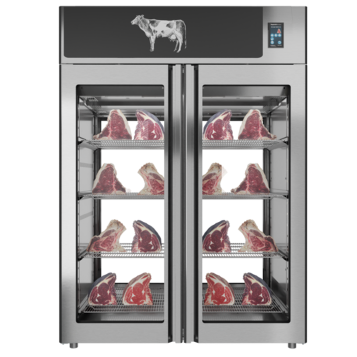 Tag alternatif : Stagionello 48044 49,5 pi³. Armoire à maturation à sec de viande Glass View avec portes doubles vitrées et morceaux de bœuf sur les grilles