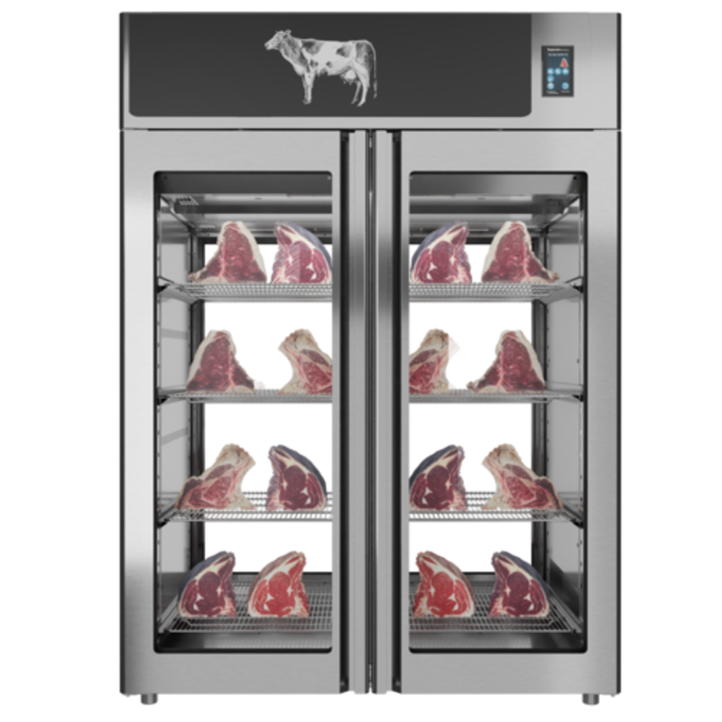 Glass View Meat Dry Aging Cabinet Displaying Various Cuts Of Meat In A Professional Presentation Format.