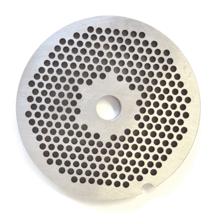 Alt Tag: OMCAN European Style #32 Stainless Steel Grinder Plate 3.2mm Hubless hubless stainless grinder plate with 3.2mm holes