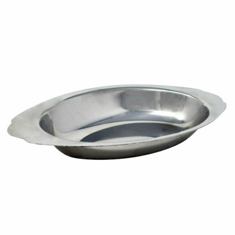 Alt Tag: Omcan 80796 Stainless Steel Oval Au Gratin Dish, 10-Inch stainless steel oval baking and serving dish with side handles