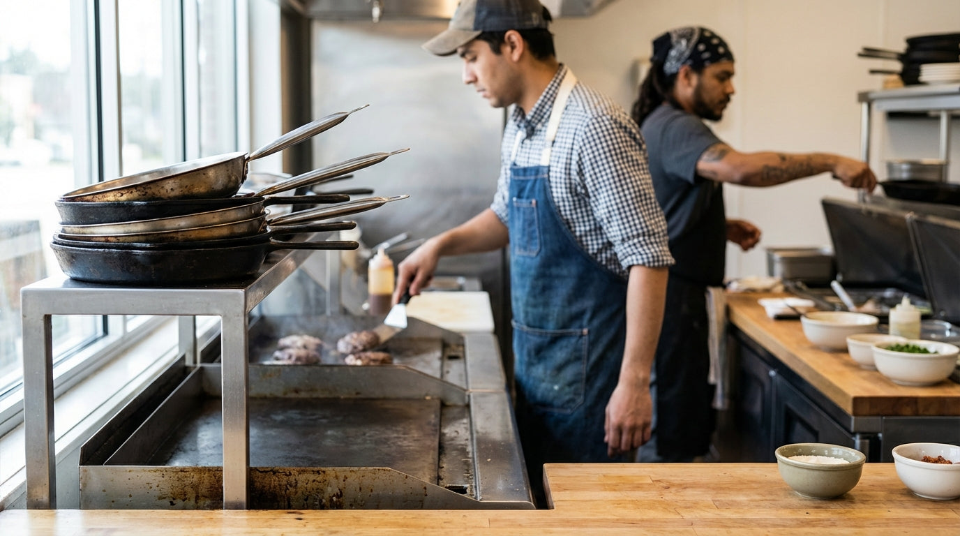 Restaurant kitchen chefs cooking on a hot griddle with pans stacked, preparing meals during busy service