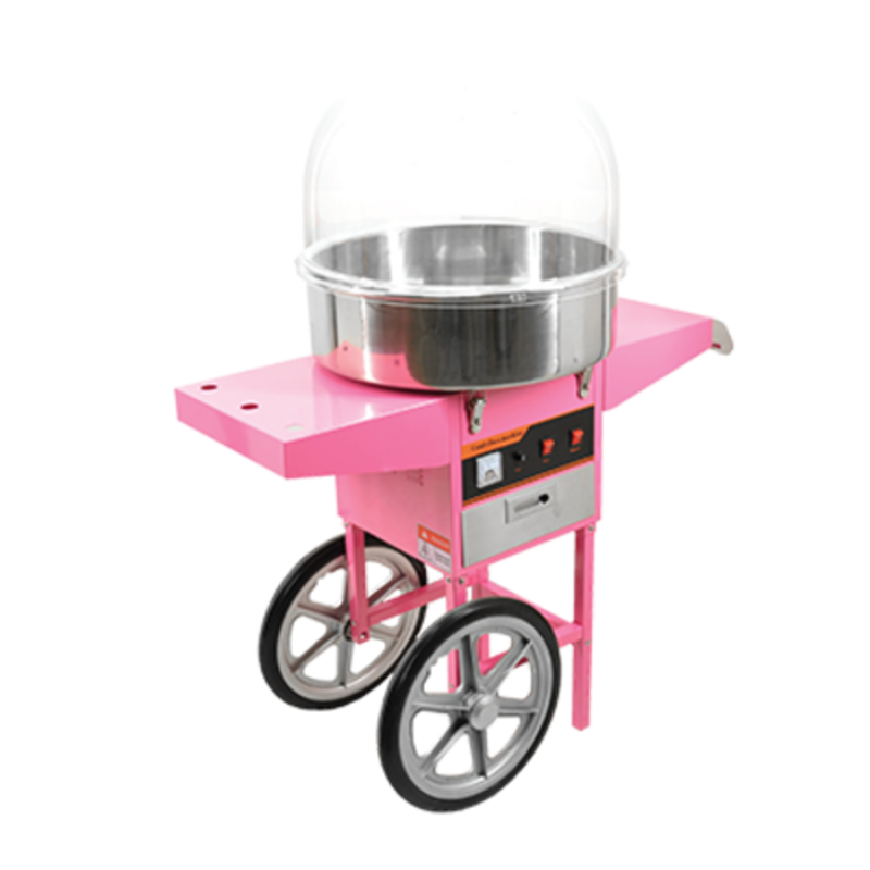 OMCAN 40383 Cotton Candy Machine Cart 1.5 kg/h Output pink cotton candy maker with trolley cart and large wheels