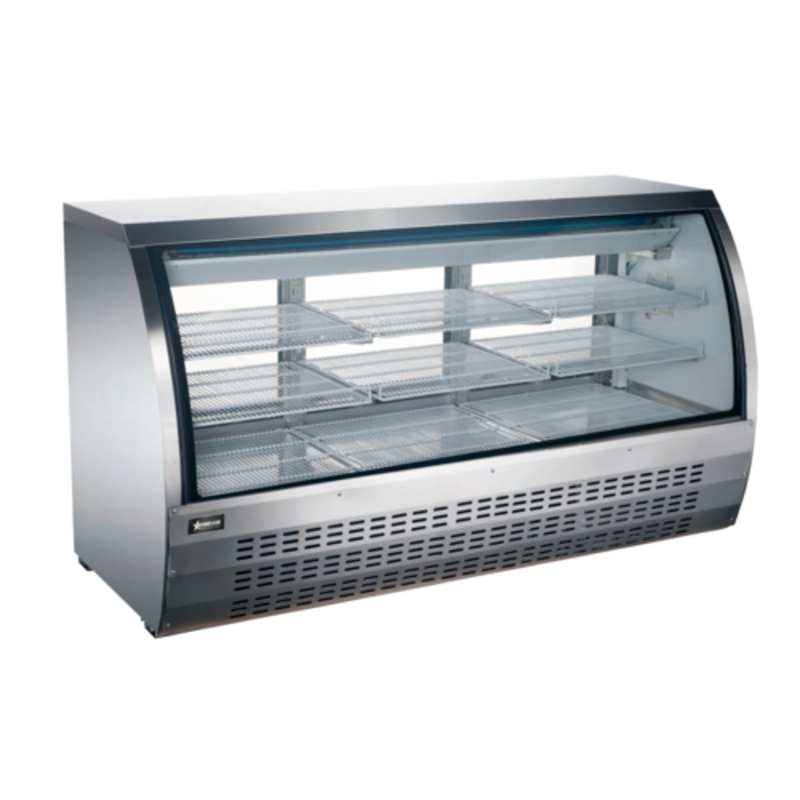 Refrigerated Deli Showcase Display With Curved Glass Front And Multiple Shelves For Easy Access