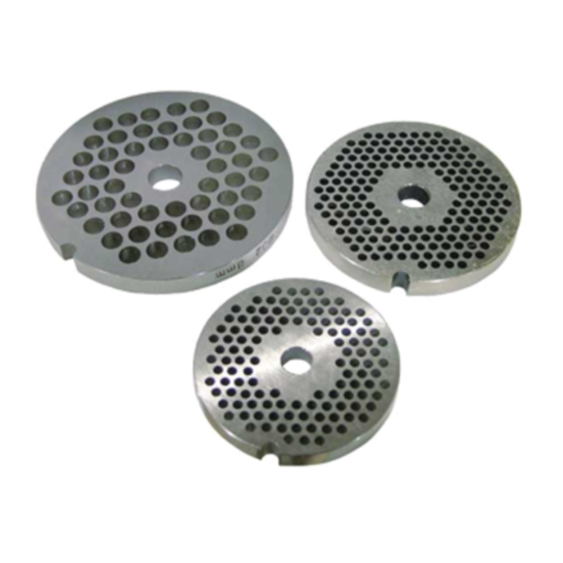 Three #32 European Style Stainless Steel Hubless Grinder Plates For Meat Grinding In A Commercial Setting
