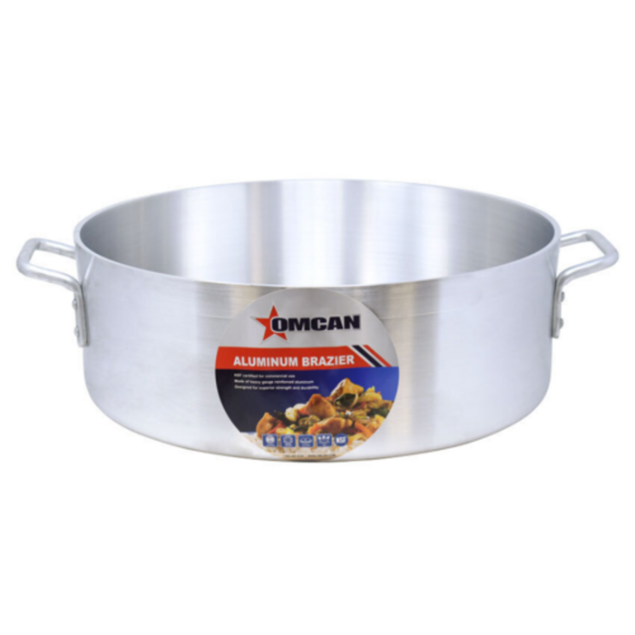 Alt Tag: Omcan 43360 Stainless Steel Brazier Pan 12 Qt Capacity with Lid, commercial heavy-bottom wide pan with side handles for braising