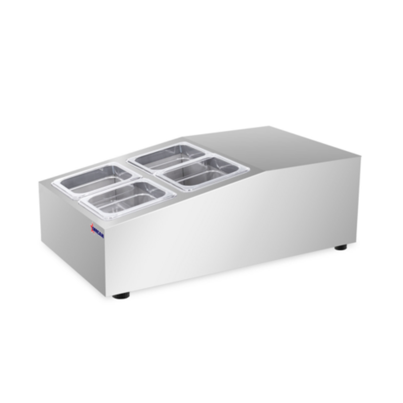 Alt Tag: OMCAN 47861 15-inch Wide Countertop Refrigerated Prep Rail Station stainless steel cold prep rail with ingredient pans