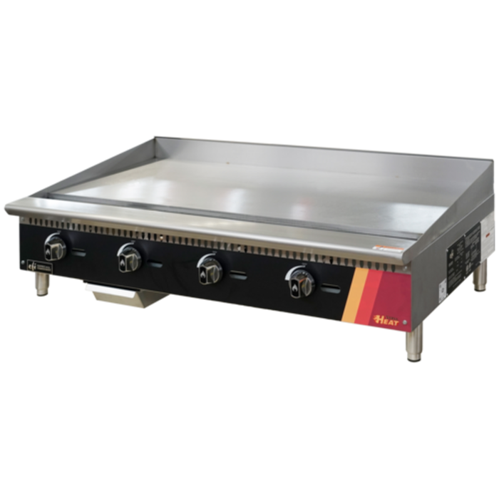 48 Inch Natural Gas Countertop Griddle With Stainless Steel Surface And Four Controls For Cooking