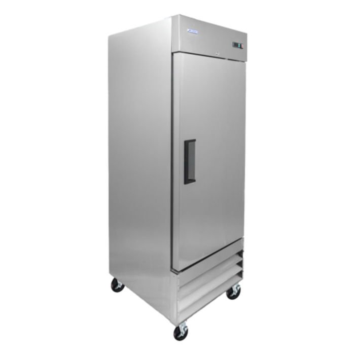 Alt Tag: Omcan 59024 Aurora 29-inch Wide Single Solid Door Reach-In Refrigerator stainless steel commercial fridge on casters