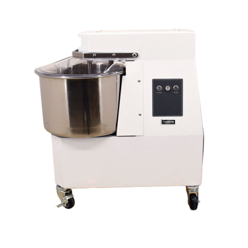 Alt Tag: Trento 45418 34 QT Heavy-Duty Commercial Spiral Dough Mixer with stainless steel bowl on caster wheels, front view