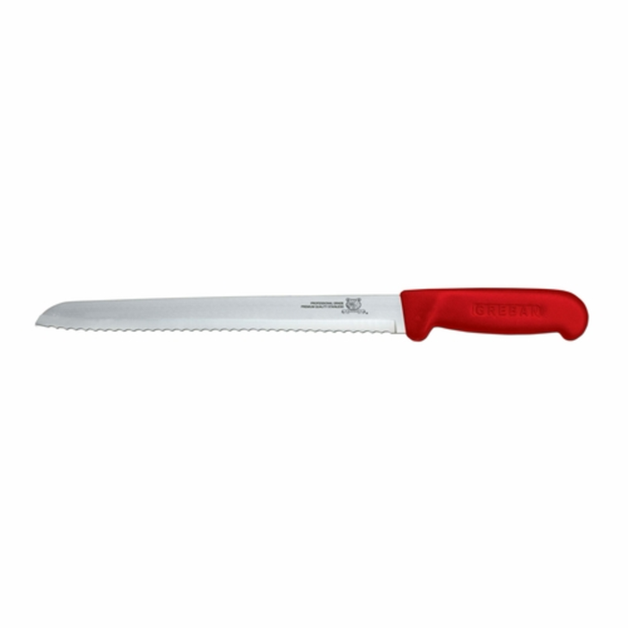 Alt Tag: Omcan 12622 8-Inch Professional R-Wave Slicer Knife Red Handle, serrated 8-inch blade commercial kitchen slicing knife