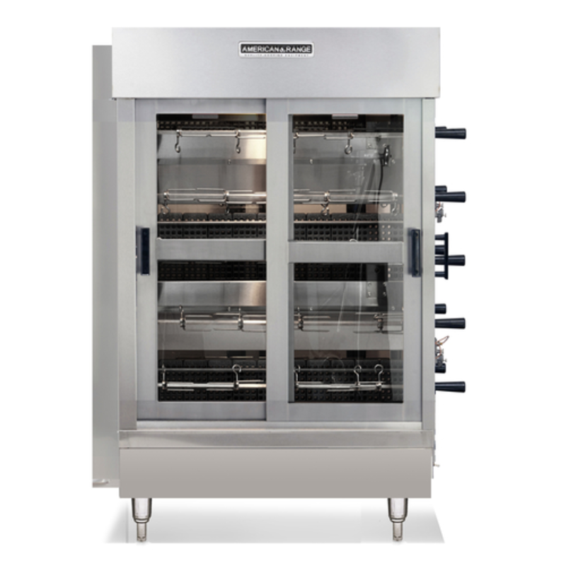 American Range ACB-4 Gas Rotisserie Oven For 20 Chickens With Double Glass Doors And Stainless Steel Construction.