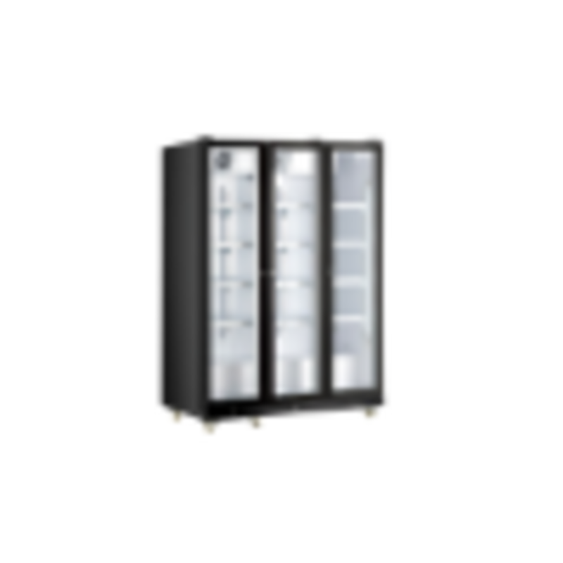 Omcan 48384 59-Inch Three Door Glass Merchandiser Refrigerator Display In A Retail Environment