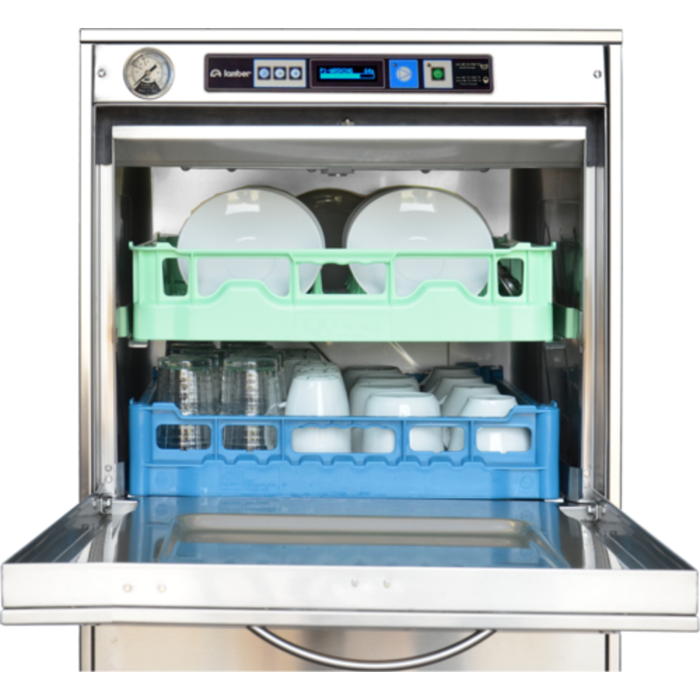 Lamber F99DYPS High Temp Undercounter Dishwasher With Clean Dishes In Racks, Ideal For Commercial Kitchens.