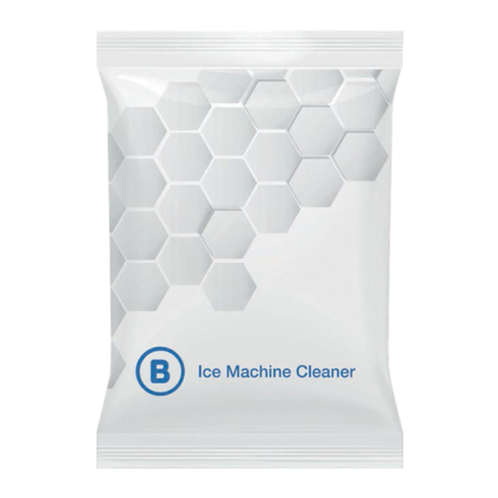 Brema Ice Machine Cleaner Packaged In A Sleek White Bag With Hexagon Design, Essential For Ice Machine Maintenance.