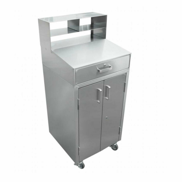 Alt Tag: OMCAN 43470 24-Inch Stainless Steel Mobile Receiving Desk Station with drawer, cabinet storage, and shelving on casters