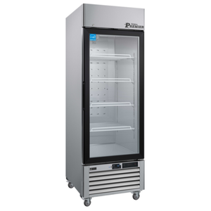 27 Inch Glass Door Reach-In Freezer with Stainless Steel Exterior and Dual-Pane Tempered Glass Door.