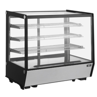 Omcan 47963 35-inch Countertop Refrigerated Square Glass Display Case with 3 wire shelves, 360-degree glass viewing, black/silver