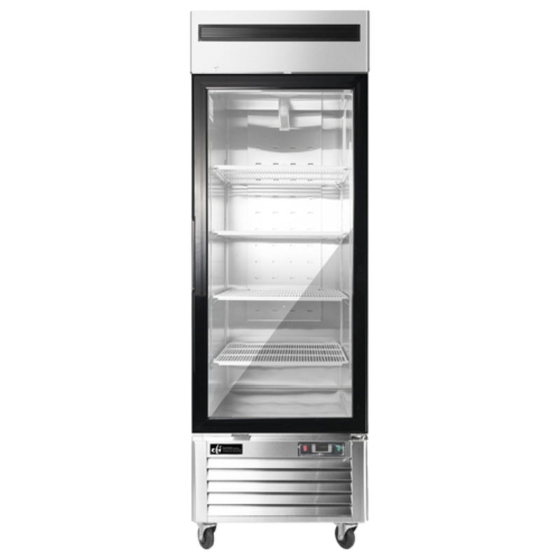 27 Inch Glass Door Freezer Merchandiser With Stainless Steel Exterior And Glass Shelving For Displaying Frozen Goods