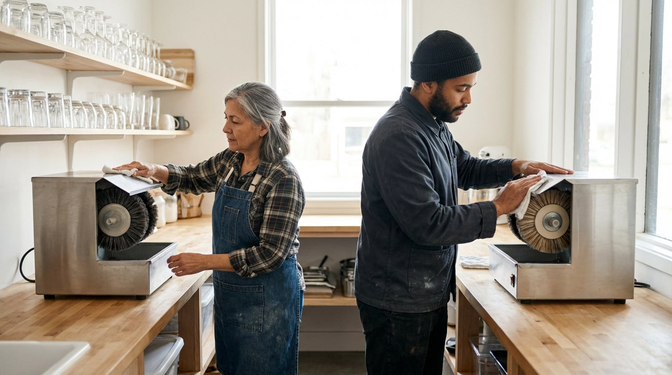 Two people operating stainless steel industrial grinders in a bright workshop with shelves of glassware