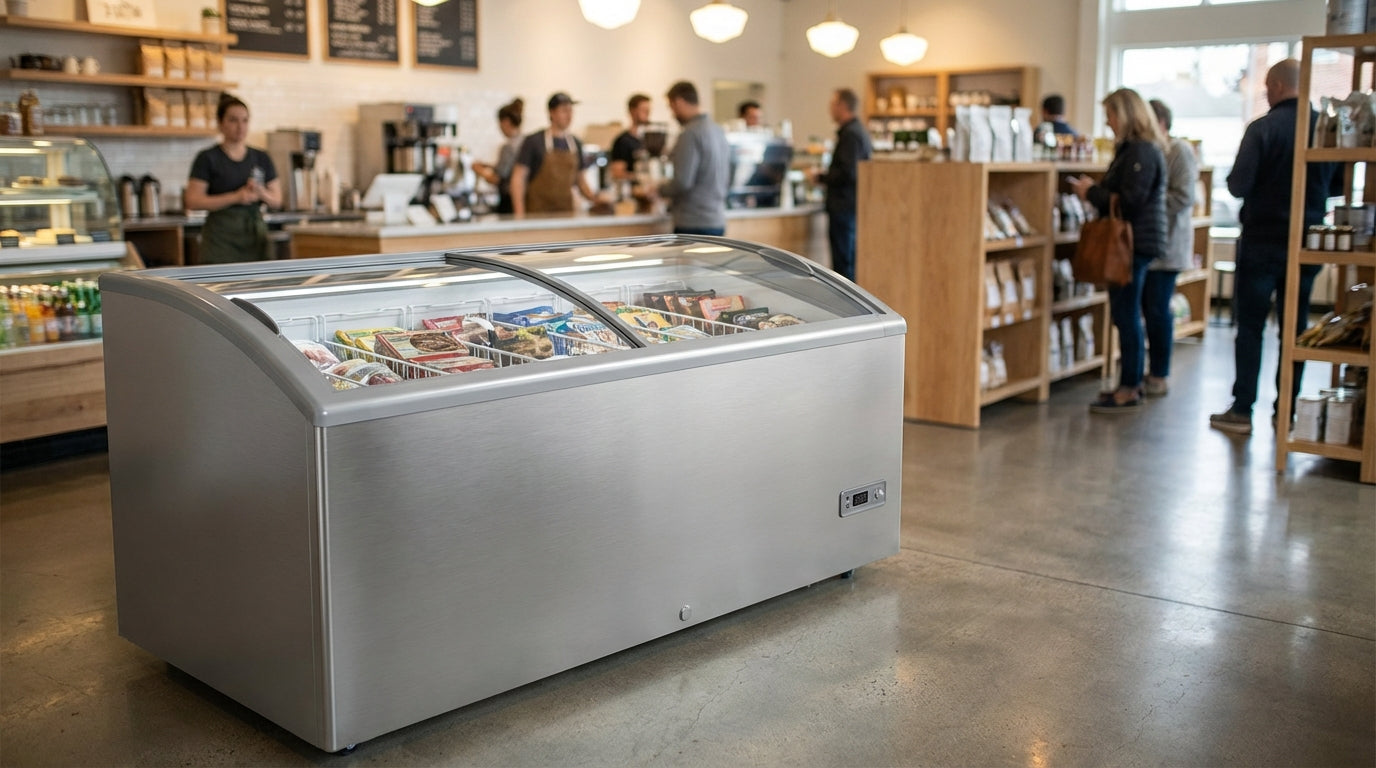 Commercial ice cream freezer display in a busy cafe with customers and baristas in the background
