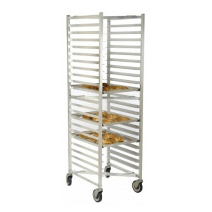 Omcan 43474 20-Level Nesting Aluminum Bun Pan Rack with Casters commercial bakery sheet pan rack on wheels