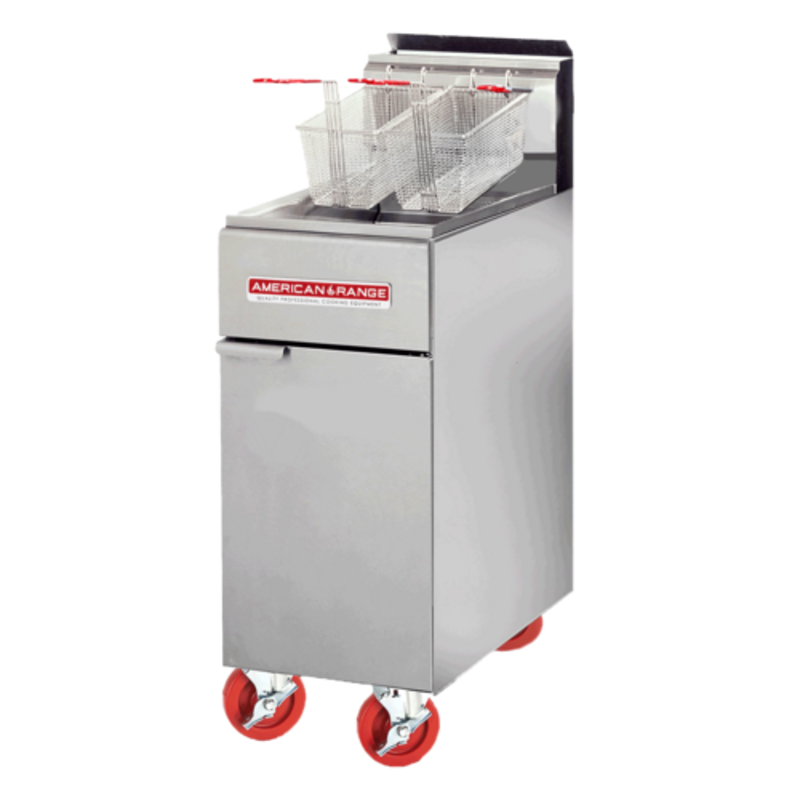 American Range AF-50HE High Efficiency Gas Fryer With Three Baskets And Mobile Base