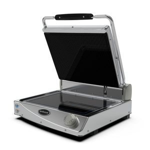 Spidocook Sandwich Panini Grill open with stainless steel design and non-stick plates for commercial cooking.