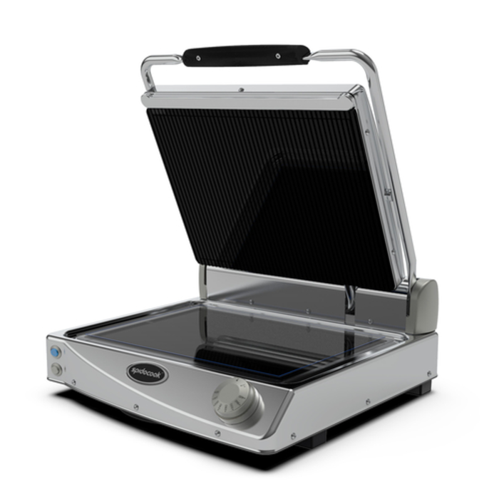Spidocook Sandwich Panini Grill open with stainless steel design and non-stick plates for commercial cooking.