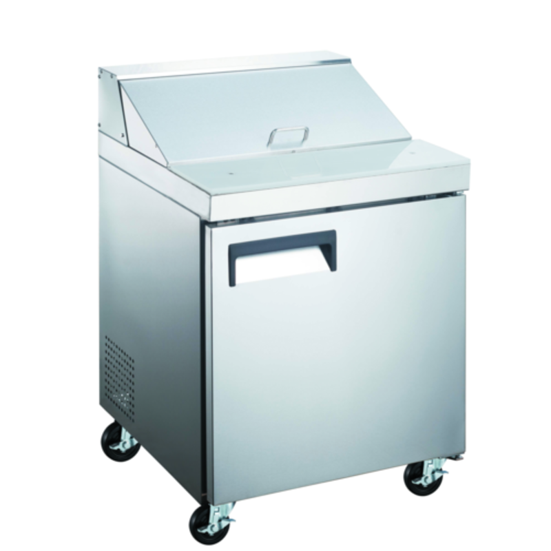 Grista GRSL-1D 27.5" One-Door Refrigerated Sandwich Prep Table with wheels for easy mobility.