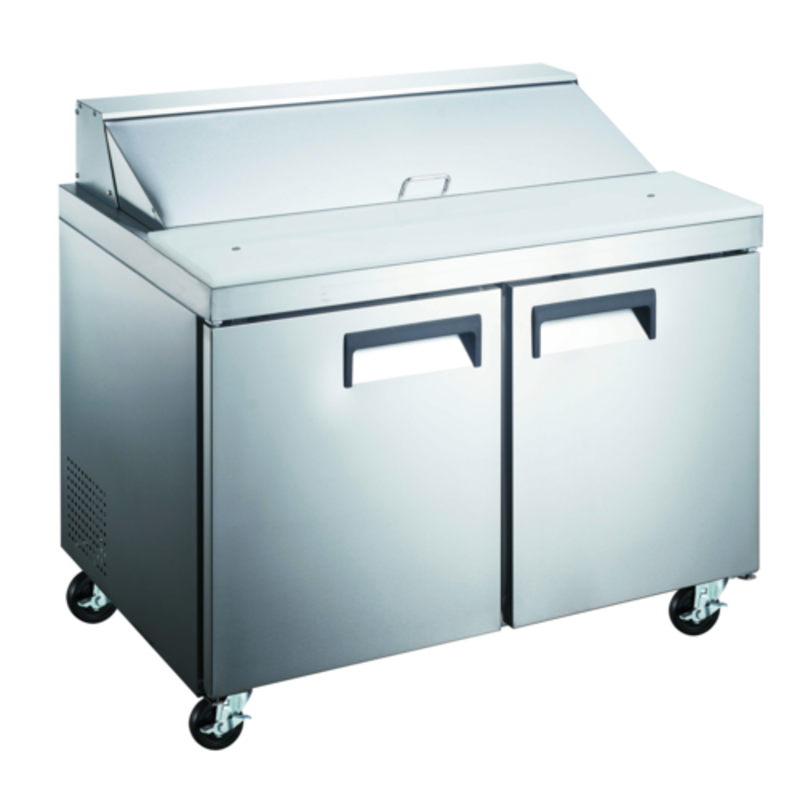 Grista GRSL-2D 47"W Two-Door Refrigerated Sandwich Salad Prep Table with Rolling Wheels and Stainless Steel Finish.