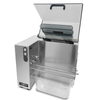 Alt Tag: Trento 47709 18" Wide Electric Countertop Meat Tenderizer Cutter stainless steel strip cutter machine with open lid and collection bin