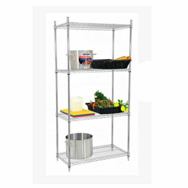 Alt Tag: Omcan 45167 60-Inch Chrome Wire Shelving Unit with 4-tier chrome wire racks for kitchen, retail, or warehouse storage