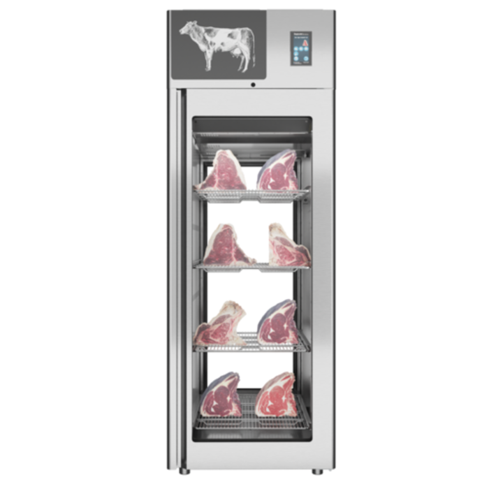 Stagionello 48038 24,7 pi³ Armoire de vieillissement à sec à deux verres avec porte d’exposition en verre et étagères contenant des morceaux de bœuf à maturation à sec