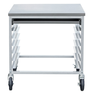 Aluminum Meat Slicer Cart Stand with shelves and wheels for easy mobility and stability in food preparation.