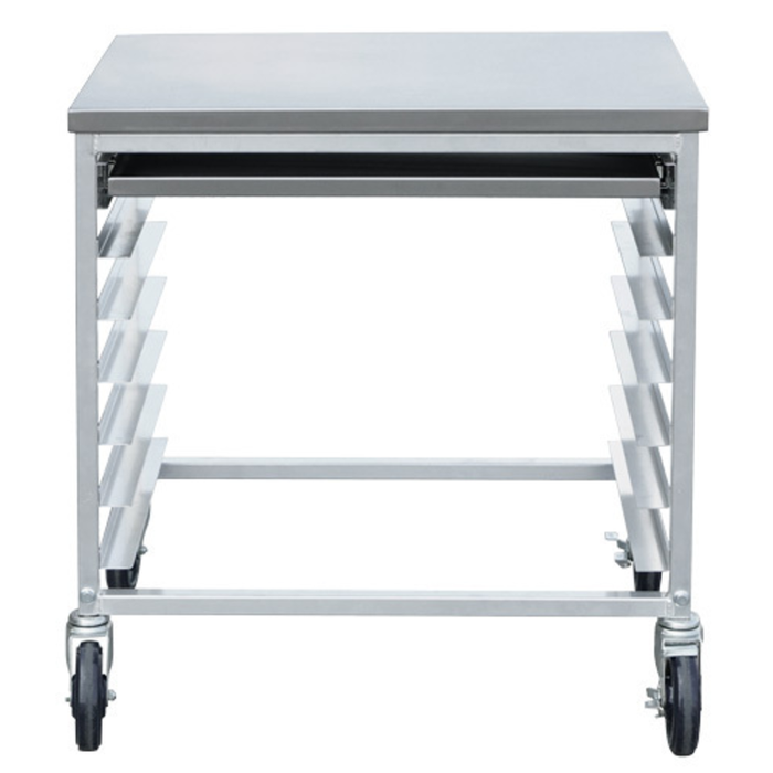 Aluminum Meat Slicer Cart Stand with shelves and wheels for easy mobility and stability in food preparation.