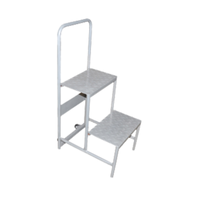 Alt Tag: Omcan 31368 2-Step Mobile Welded Steel Step Ladder Stool with handrail and two diamond-plate steps for stockroom use