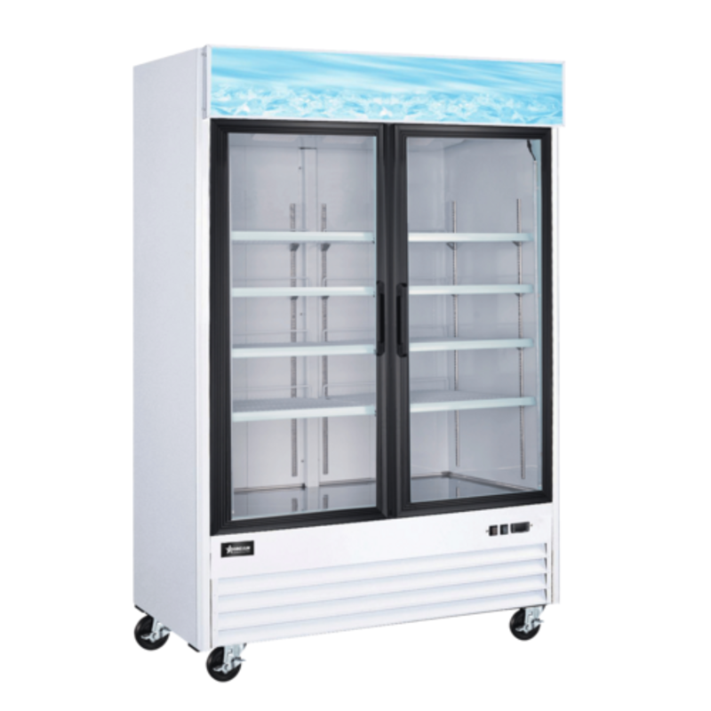 Glass Door Display Refrigerator With Swinging Doors And Shelves For Merchandising Chilled Items
