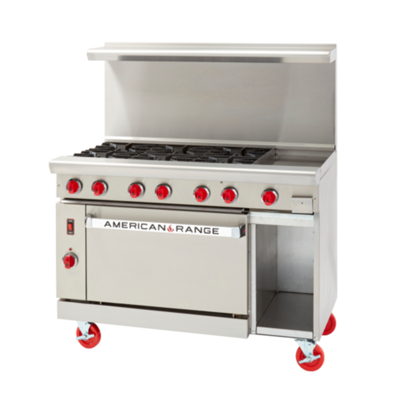 American Range ARGF-12G-6B 48 Inch Gas Restaurant Range With Griddle Featuring Stainless Steel Design And Powerful Cooking Tops.