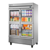 True 54 Inch Stainless Steel Reach-In Four Half Glass Door Refrigerator Displaying Assorted Dairy And Cheese Products.