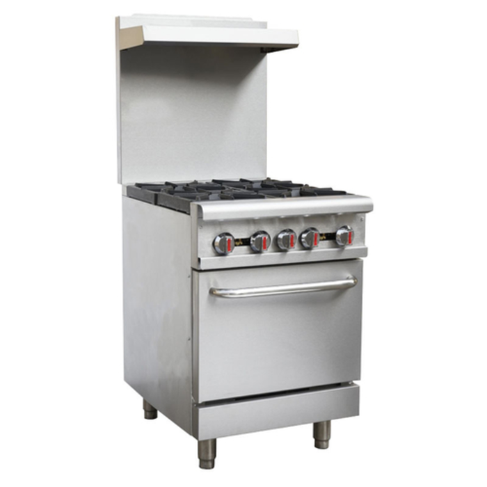Cuisinière commerciale au gaz propane liquide OMCAN 46124 po de 24 po avec four, cuisinière commerciale en acier inoxydable à 4 brûleurs avec crédence