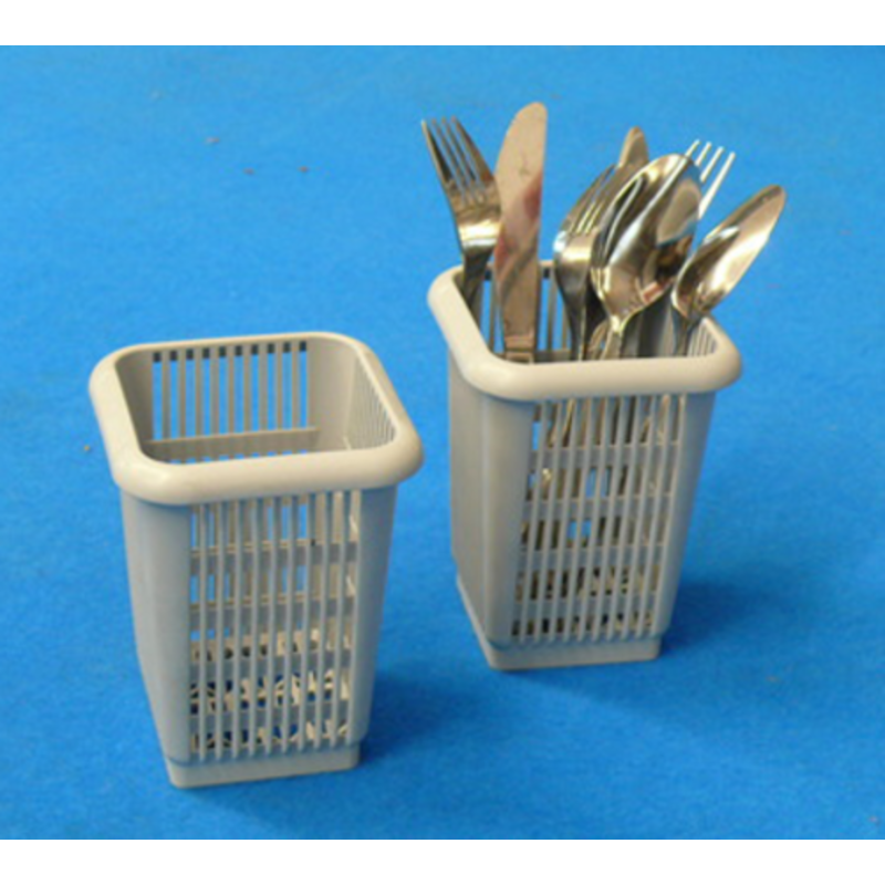 Small Dishwasher Cutlery Basket With Forks And Spoons Organized In Two Compartment Baskets On Blue Background