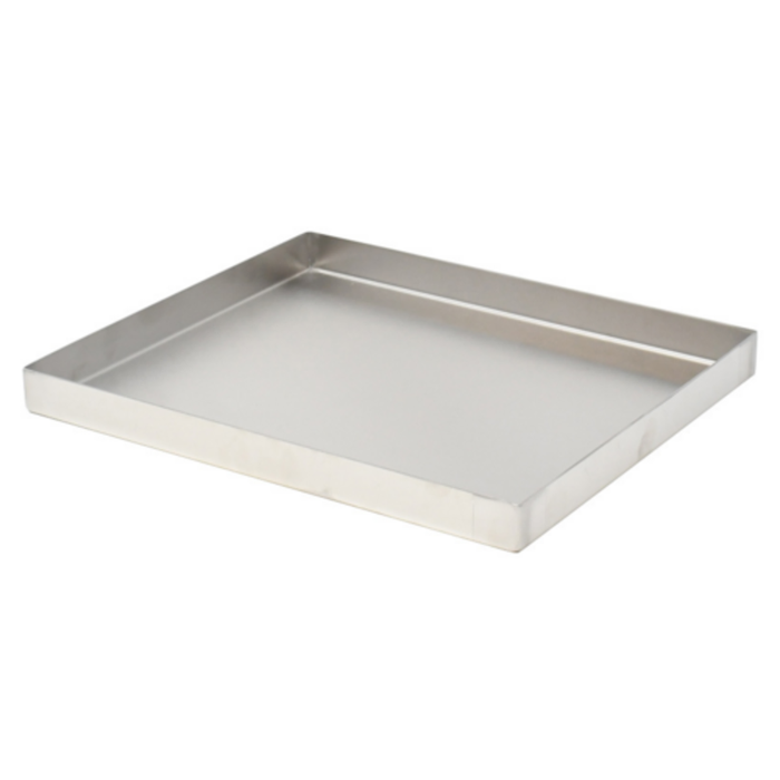 Alt Tag: OMCAN 43082 Stainless Steel Display Pan 10" x 18" commercial 304 stainless steel showcase pan for deli, seafood and grocery displays