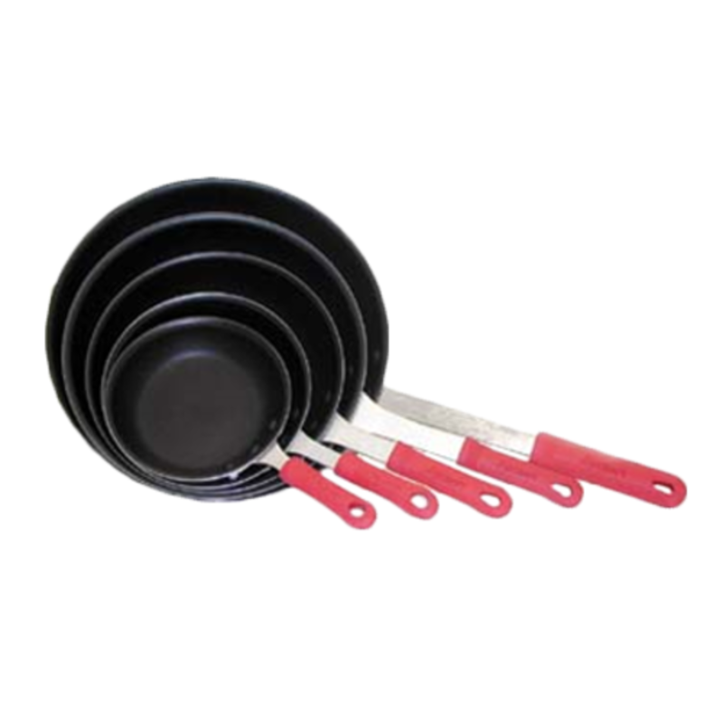 4 Fry Pans Stack With Red Handles, Featuring The 8 Inch Non-Stick Fry Pan For Versatile Cooking.