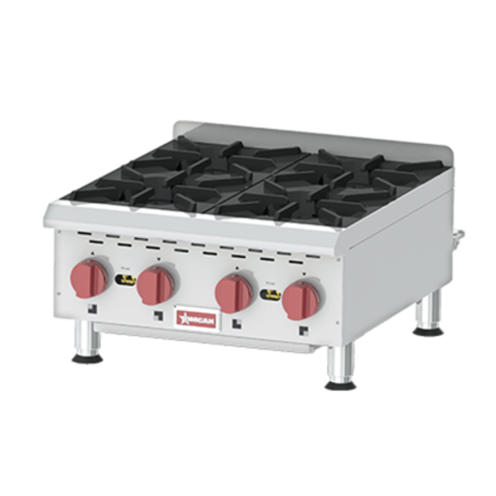 Alt Tag: Omcan 43734 Countertop Gas Hot Plate with Four Powerful Burners four-burner stainless steel commercial countertop gas hot plate