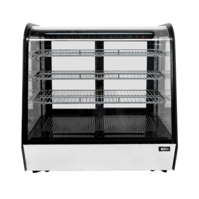 Alt Tag: OMCAN 47966 34.4" Wide Countertop Curved Glass Refrigerated Display case with 3 fixed shelves, 360-degree glass merchandiser