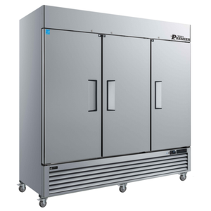 Versa Premier F3-82VCP 82" Three-Section Reach-In Freezer With Solid Doors And Stainless Steel Finish.