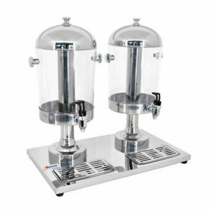 Alt Tag: OMCAN 19479 16 Quart Double Ice Cooled Juice Beverage Dispenser with dual clear drink containers, silver base and spigots