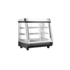 Heated Countertop Display Case With Clear Glass Doors And Shelves For Showcasing Hot Food Items.