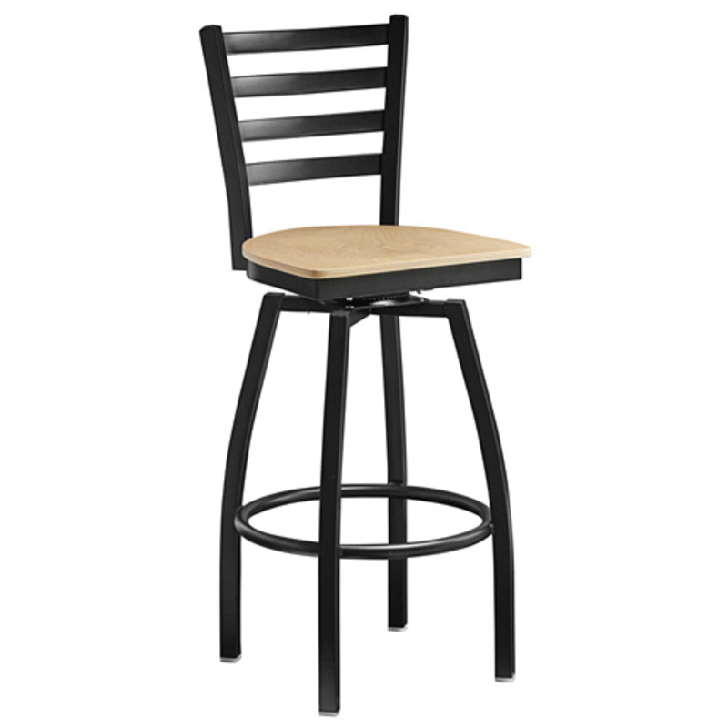 Omcan 47593+69745 Bar Height Swivel Stool with Metal Ladder Back and Wood Seat for Bars and Restaurants